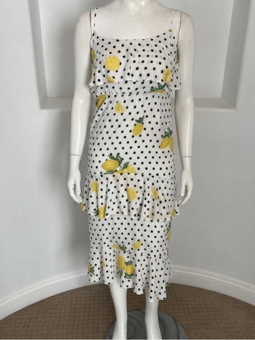 Lovers + Friends Lemon Polka Dot Ruffle Midi Dress M NWT Revolve Summer